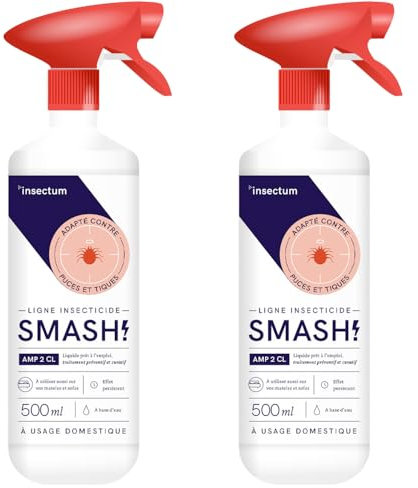 SMASH Spray Anti-Puces et Anti-Tiques pour Environnements et Tissus AMP 2 CL - Pour Utilisation à Domicile et en Extérieur - 2x500ml - Insecticide Sans Perméthrine