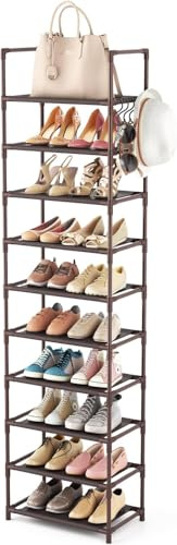 Vicye Schuhregal mit 10 Ebenen, Schuh-Organizer für 20-25 Paar Schuhe, offener Schuhschrank hoch, Schuhständer schmal, Schuhaufbewahrung,für Flur, Wohnzimmer, Schlafzimmer, braun