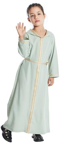 Dasongff Bambini Ragazze Abiti Musulmani Arabo Medio Oriente Abaya Ramadan Kaftan Preghiera Abito Maniche Lunghe Caftano Abiti Musulmani Con Cappuccio Ricamo Abiti Etnici, B1 Verde Chiaro, 160