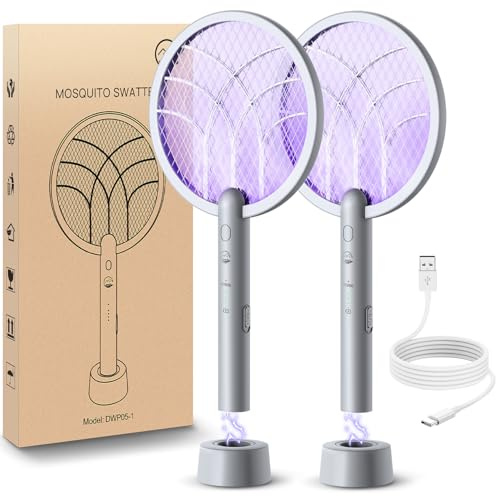 Mosiller Electric Fly Swatter Racket, 4000V Bug Zapper with 1800mah Rechargeable Battery & Dual Modes, 2 in 1 Purple Mosquito Light Killer with 3-Layer Safety Mesh for Indoor Home Patio Camp(2 Pack)