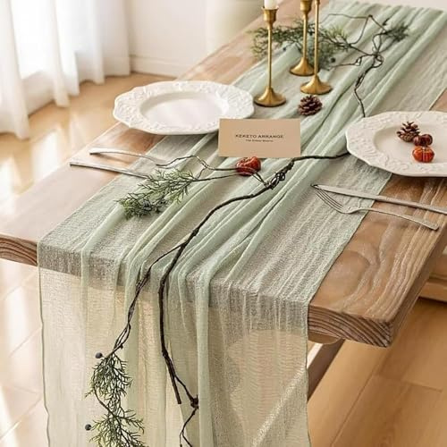 Haquno Bohemian Cotton Table Runner Tablecloth - Rustic Wedding Table Decoration for Bridal Showers, Birthdays and Celebrations (90x300cm) - Eco-Friendly Cotton, Reusable (Light green)