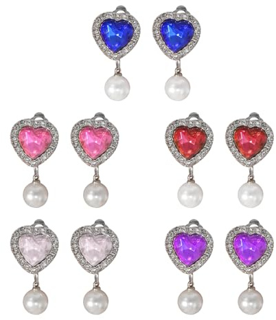 5 Pairs Clip on Earrings for Girls,Heart Diamond Ear Clips with Pearls,Girls Jewelry Dress up Earrings and Princess Play Earring Set,No Pierced Design Accessories for Party Favors, Birthdays
