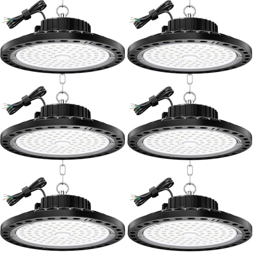 TOPAUBUB 100W Faretto LED UFO Interno 6 Pezzi, Lampada LED per Capannone 10000LM con Catena Metallica da 30CM, Driver, 6500K IP65 Plafoniera LED Garage Industrial per Campana Officina Sofftto