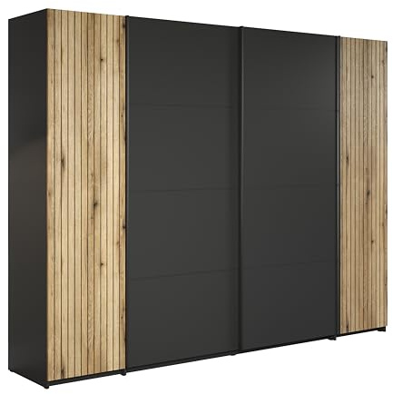 trendteam smart living - Esteban - Kleiderschrank - Anthrazit/Evoke Eiche - Schiebetürenschrank mit 14 Fächern und 2 Kleiderstangen - (BxHxT) 270 x 205 x 58 cm - Elegante Rillenoptik