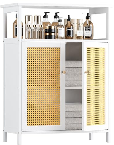 HITNET Mueble Baño de Ratán, Armario Auxiliar Baño de Bambú, Gabinete de Almacenamiento Independiente de 2 Puertas con Estanterías Abiertas, para Sala de Estar, Cocina, Entrada, Blanco