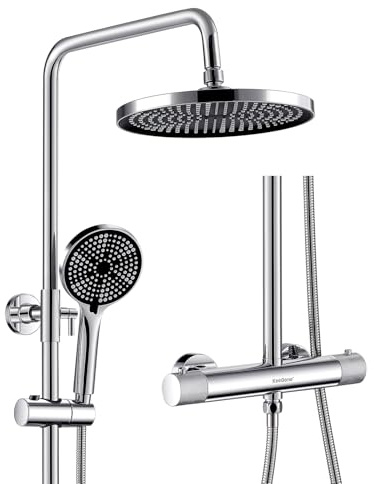 KeeGone Shower System Complete Set with Thermostat 25cm Rain Shower & 3 Spray Hand Shower Thermostat with Non-Slip Rotary Knob & Anti-Scalding Height Adjustable Stainless Steel Water Saving