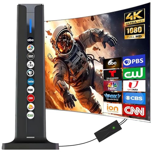 YiYunTE Antena TV Interior, 580km Alcance Antenas Televisión Digital, 4K 1080P Antena HDTV Interior con Amplificador y Cable/Base Magnética, 360° Rotación TV Antenas para Canale Locale
