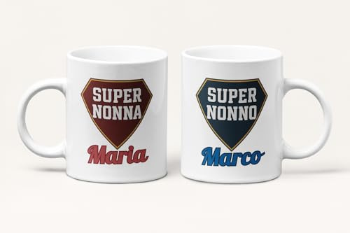 Generico Set di 2 Tazze Personalizzate “Super Nonna & Super Nonno” – Regalo Originale Festa dei Nonni, Natale, Compleanno – Tazze in Ceramica con Nome, Idee Regalo Nonni, Coppia Mug Caffè e Tisana