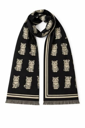 Genérico Bufanda de Invierno con Diseño de Gatos, Azul Marino y Beige, Tejido Suave con Flecos, Estampado Reversible para Mujer, 70x180cm (Negro)