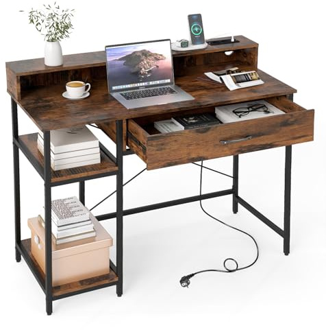 COSTWAY Escritorio con Enchufes, 106 x 48 x 90 cm, Mesa Escritorio con Cajón y 2 Estantes Abiertos, Estructura de Metal, Mesa de Ordenador Oficina Dormitorio (Marrón Rústico)