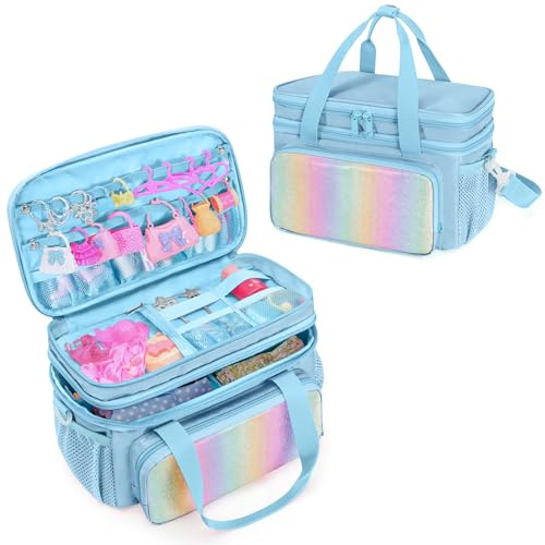 GRAOSO Carrying Case Compatible with Barbie Doll Clothes, Doll Accessories Storage Organizer, Double Layer Design, with Handle and Detachable Shoulder Strap, Case only (Blue)