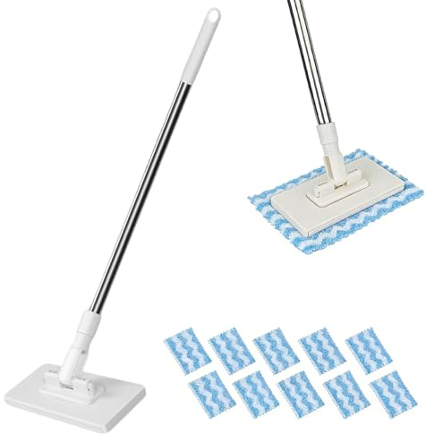 Clip Wet Wipes Mop, Disposables Dust Mop with 10 Reusable Cloths, Detachable Press Clamp Wipes Cleaner Aid, Household Washing Accessory for Bathroom Kitchen And More