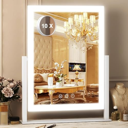 SURFOU Sminkspegel med belysning, 27 x 37 cm sminkspegel med 12 LED-lampor, 360° vridbar bordsspegel med USB-port och 5 x förstoring, 3 ljuslägen och dimbar, beröringskontroll, vit