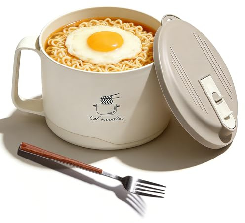 GOMETY Ramenskål med lock, 1100 ml Stor kapacitet Snabbnuddelskål med gaffel och sked Tillverkad av 304 rostfritt stål Pastaskålar Snabbnuddelskål för nudlar Bento Soppa Lunch (Grå)