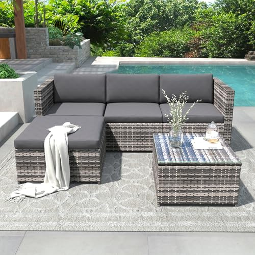 Fppuueg Conjunto de Muebles de Jardín Exterior 3 Piezas con Cojines, Juego de Salón de Jardín Ratán PE con 1 Sofá de 3 Plazas, 1 Taburete y 1 Mesa, Conjunto Terraza Exterior, Gris