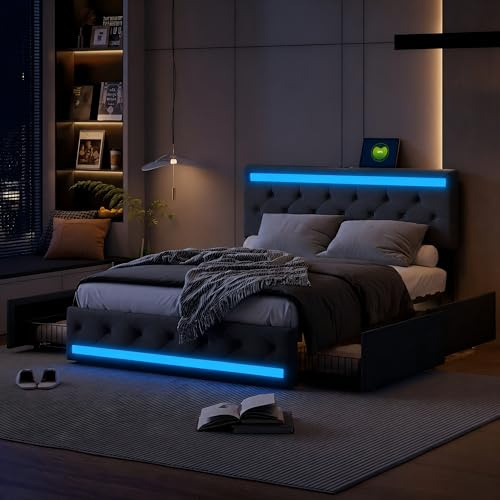 BSCFHCZ Sängklädsel, 180 x 200 med ribbotten, dubbelsäng med LED-belysning och laddningsstation, resårsäng 180 x 200 med förvaringsutrymme, ungdomssäng, med 4 lådor, linne, utan madrass, mörkgrå