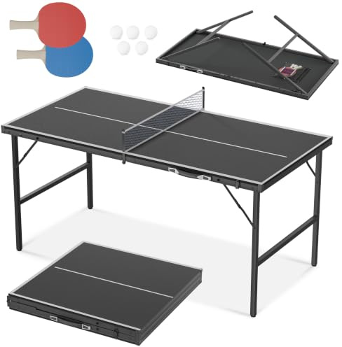 FIVMEN Mesa de ping pong mini mesa 152,5 x 76 cm mesa de ping pong exterior plegable con 2 raquetas, 5 pelotas, 1 red, juego de ping pong de mesa para interiores cubiertos exteriores, color negro
