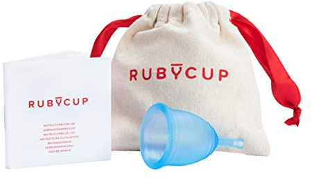 Ruby Cup Hypoallergene Menstruationstasse, Größe M (groß, starke Periode), Blau, ideal für Anfänger, praktische und zuverlässige Alternative zu Tampons/Einlagen