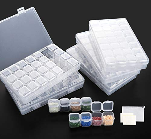 Diamond Painting Zubehör Boxen,ilauke 5 x Aufbewahrungsboxen mit 28 Fächern,Sortierbox für Stickerei Zubehör mit Organizer-Tasche und Aufkleber für Perlen Nailart Schmuck Organizer DIY Kunst Handwerk