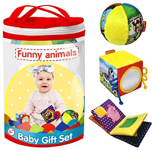 magdum 3 LUSTIGE Tiere Set für Baby- Baby-Geschenke Geburt- STOFFBUCH Knisterbuch Baby -Weiche WÜRFEL - STOFFBALL Baby mit Rassel - Babyspielzeug ab 6 Monate - Kleinkinder Spielzeug ab 1 Jahr Baby