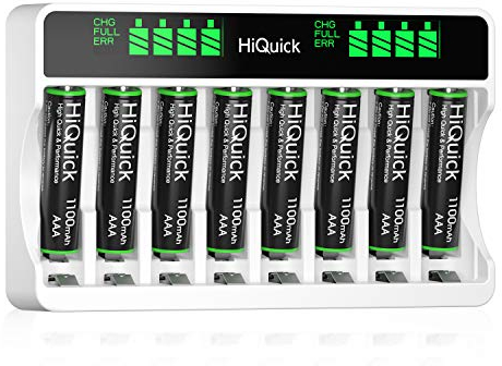 HiQuick Akku Ladegerät mit AAA Akku 8 Stück, für Mignon AA, Micro NI-MH wiederaufladbar Batterien, 8-Ladeplatz mit LCD Anzeige Akkus Ladegerät mit 8 Stück AAA Batterie