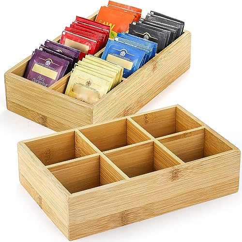 Dicunoy 2 Pack Bamboo Tea Bag Storage Organizer, Wooden Tea Box Drawer Storage Holder With 6 Compartments, Coffee Station Organizer, Divided Chest Countertop Box for Sugar Packet, Sweeteners,