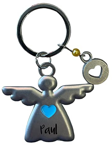 minimutz Schlüsselanhänger Schutzengel mit Name personalisiert | Motiv Engel mit Herz/Stern für Kinder | Glücksbringer für Jungen & Mädchen | inkl. Gravur (Herz Blau)