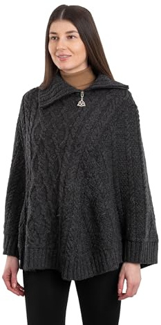 SAOL Ireland Ladies 100% Merino Wool Cowl Neck Zipper Poncho (as1, alpha, l, x_l, regular, regular, Charcoal)