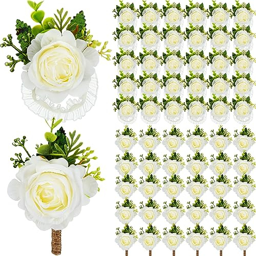 Sherr 60 Pcs Rose Wrist Corsage and Boutonniere Set Ivory Rose Wrist Flower Wristlet Band for Bride Bridesmaid Corsage for Bridegroom Men's Boutonniere for Wedding Ceremony Prom Party Suit Accessories