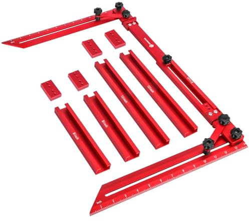 Stair Tread Template Tool, Stair Tread Gauge Measuring Tool Jig with Track, Angled Brace, Flip-Stop, Adjustable Length 16.7 to 62.6 Compatible with Many Types of Layout Projects