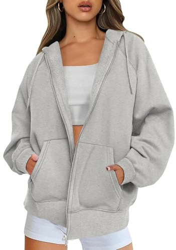 Timuspo huvtröja med dragkedja dam långärmad huvjacka sweatjacka oversize dragkedja fleece sweatshirt enfärgad höstjackor Y2k huvtröja, GRÅ, S