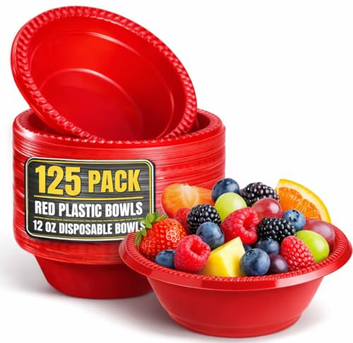 1InTheHome Red Plastic Bowls 12 Oz, Disposable Party Bowls - Red Soup Bowls (125 Pack)