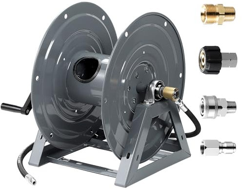 FIXFANS Pressure Washer Hose Reel, 300FT x 3/8 Heavy Duty Hose Reel, Manual Crank Power Washer Hose Reel with M22 Fitting, Wall/Floor/Truck Mounted, 4000 PSI