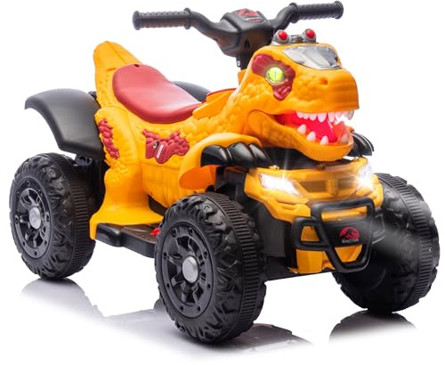 Okybaby Electric Dinosaur Ride On ATV for Kids, 12V 4-Wheel Toy Car with Music, Microphone Interface, Bluetooth & LED Lights, 1.86MPH Safe Speed, 2WD Kids Car, Yellow