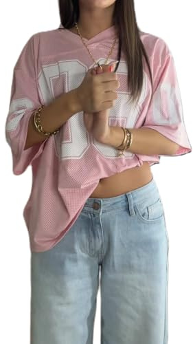 RUIWANBBY Women Y2k Oversized Jersey Shirt Short Sleeve Number Print V Neck T-Shirt Summer Casual Loose Sport Tops Streetwear