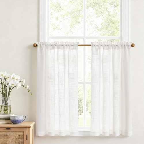 Vangao Rideau Cuisine Voilage Blanc Salon Chambre Fenetre Placard 90L x 90H cm 2 Pièces Rideau sous evier court Petit Passe Tringle Moderne Interieur Tamisant Polyester Rideaux brise-bise Voile Boheme