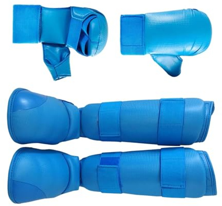 Kit d'équipement de Taekwondo avec Gants de karaté et protège-Tibias - Ensemble de Protection pour entraînement- Bleu XS