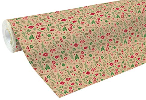 Clairefontaine 211725C - One Reel Raw Recycled Kraft Paper - 50mx70 cm - 70g - Pattern : Red/Green decorations : Christmas balls, Foliage - Recycled Paper