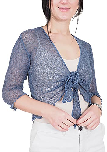 Mimosa damer virkad rull Bolero glitter eller vanlig superstretchig spets fisknät slips i midja Bolero öppen cardigan passar UK 6-28, Denim blå, en storlek