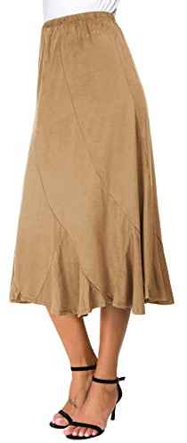 EXCHIC Mujeres Elegante Elástica Alta Cintura Gamuza Midi Falda Casual A Línea Largo Faldas(S, Caqui)