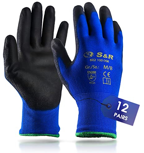 S&R Gants de Travail Homme Femme Taille 10 - Lot de 12 Paires – Gants de protection en Nylon Léger, Respirant, Résistant à l'Eau et à la Déchirure. Gants de Jardinage, Construction Bricolage