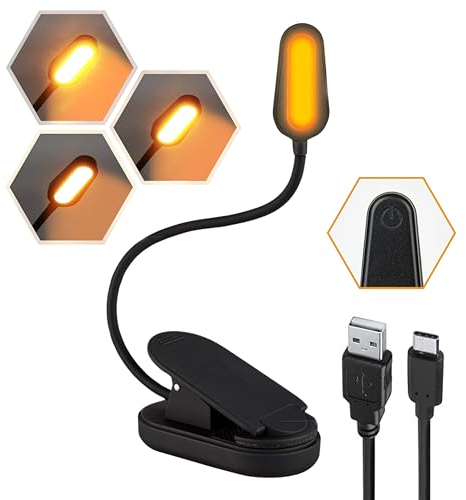 Amber LED Book Light - Clip On, Rechargeable, Blue Light Blocking, 360° Bendable Neck