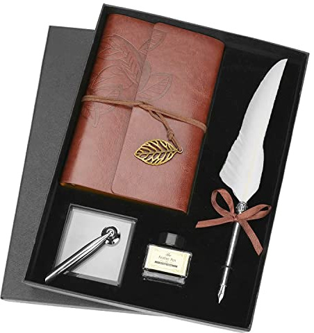 Tangxi Set di Penne con Penna D'Oca in Piuma, Retro taccuino in Pelle con Penna a Tuffo Set di flaconi di Inchiostro Confezione Regalo di cancelleria(Bianca)