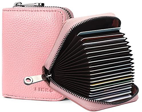 Goopai RFID 20 Card Slots Credit Card Holder Genuine Leather Accordion Card Case Small Wallet for Women or Men with Zipper (Pink)