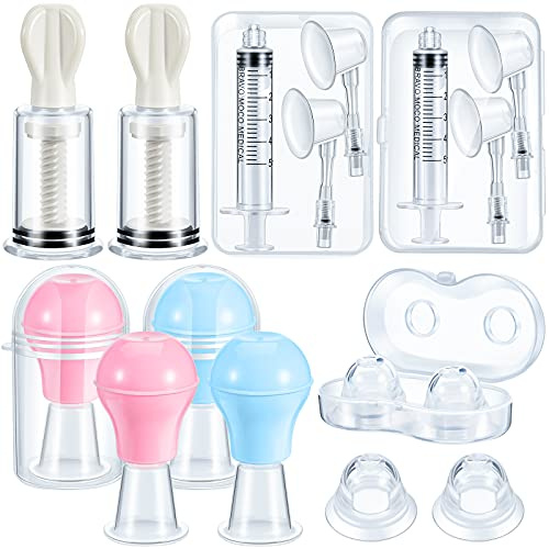 8 ventosas para pezones, corrector de pezones, extractor de pezones, aspirador de pezón para mujer, invertido plano para lactancia materna, silicona con funda (azul, rosa, 1.3 pulgadas)