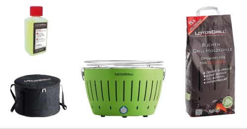 LotusGrill Classic Verde Starter-Set, 1 griglia, 1 carbone di faggio da 2,5 kg, 1 pasta combustibile da 200 ml, 1 borsa per il trasporto (Green)