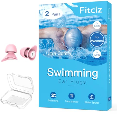Fitciz Ohrstöpsel Schwimmen Erwachsene - mit Delikat Aufbewahrungsbox - 2 Paare Wiederverwendbare Weich Silikon Ohrenstöpsel Schwimmen - Swimming Earplugs (für Frauen, Größe S+M)