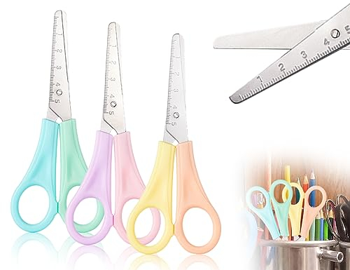 KAPSING 3 Stück Kinderschere mit Skala, Sicherheitsschere mit runder Spitze, Papierschere, Perfekt für DIY-Bastelornamente und Journal-ClipArt