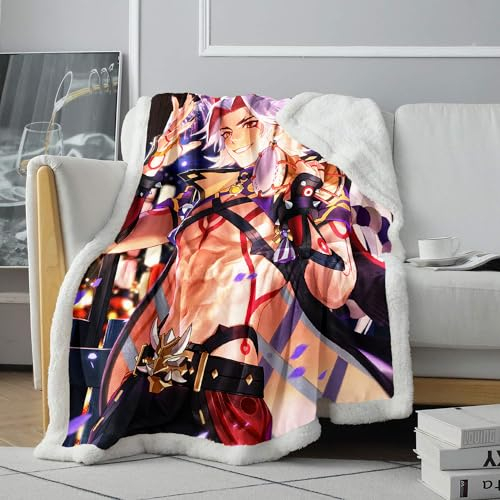 Bedruckte Sherpa Decke Genshin Impact aus Fleece, Bettwäsche, Plüsch, warm, Überwurf für alle Jahreszeiten, Decken für Kinder und Erwachsene, 120 x 150 cm (47,3 x 59 Zoll) Sherpa