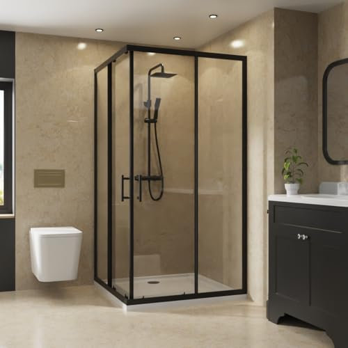 NRG 900 x 900mm Bathroom Square Corner Entry Shower Enclosure with Double Sliding Doors 6mm Safety Glass Black Framed